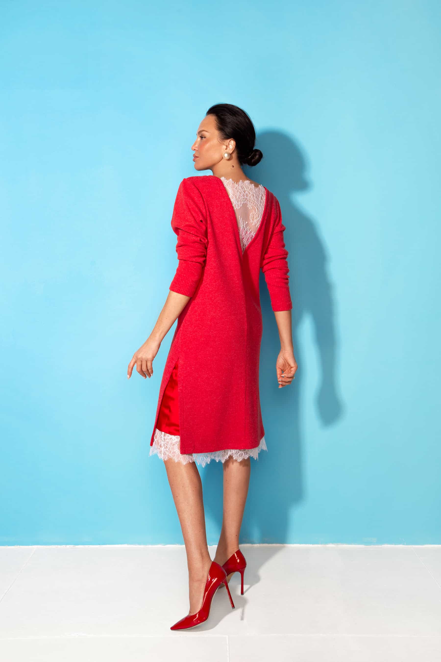 Red tunic dress with white lace